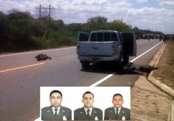 El subintendente Calixto Niño Monroy y los patrulleros Jesús Ricardo Osorio y Andrés Quintero Forero, los tres policías asesinados por las FARC en La Guajira