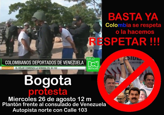 Convocatoria Plantón frente al Consulado de Venezuela. Miércoles 26 de agosto de 2015 a las 12 mediodía. Autopista Norte con Calle 103