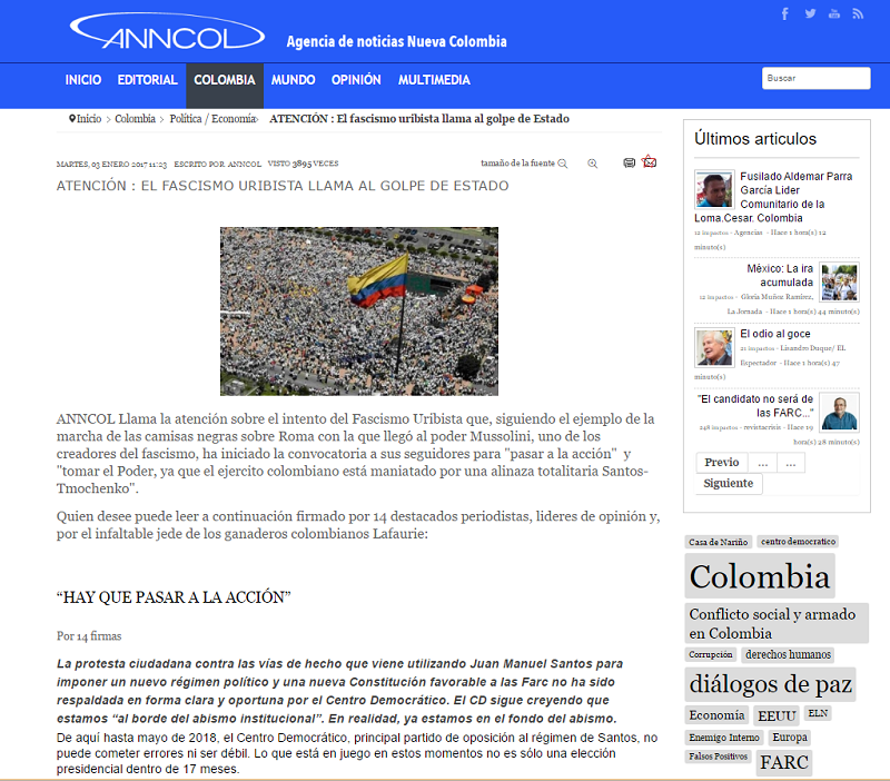Facsimil de Anncol, el medio de las FARC, acusando de fachistas a los 14 que firmaron la Carta al Centro Democrático