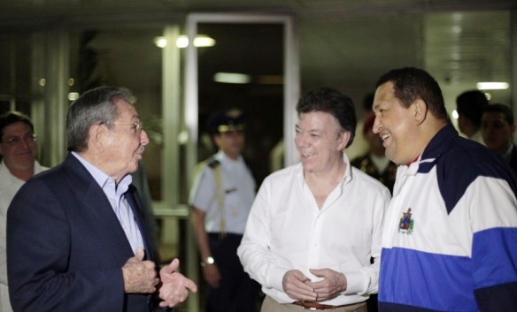 Raúl Castro, Juan Manuel Santos y Hugo Chávez