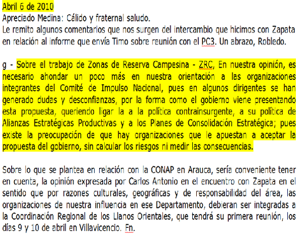 Correo de Alfonso Cano de 2010 sobre las ZRC