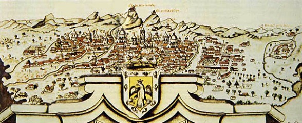 Vista panorámica de la ciudad de Santafé de Bogotá realizada por J. Aparicio Morato en 1772. Copia