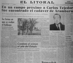 Facsimil de la prensa de la época que registra asesinato de Pedro Eugenio Aramburu