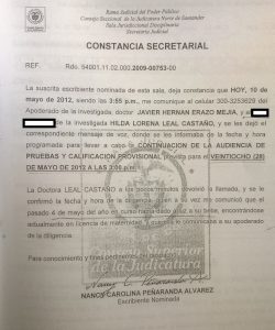 Constancia de Lorena Leal donde se certifica que avisó que estaba en licencia de maternidad