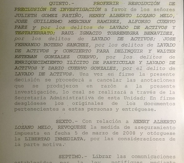 Detalle de la resolución donde se precluye la investigación contra Henry Lozano y se ordena dejarlo en libertad