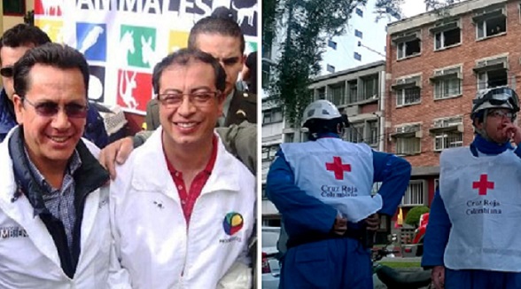 Gustavo Petro con su principal concejal, Roberto Sáenz (hermano de "Alfonso Cano", comandante de las FARC). Y algunos de los destrozos de la bomba puesta por las FARC en Bogotá