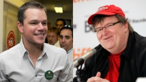 El actor Matt Damon y el documentalista Michael Moore, dos buenos ejemplos de quienes usufructúan el capitalismo pero hablan pestes de éste