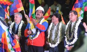 Álvaro García Linera, Nicolás Maduro, Evo Morales y Rafael Correa