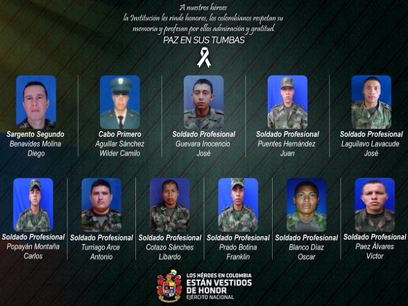 Estos son 10 de los 11 soldados masacrados en Cauca por las FARC. El número 11 murió en el hospital
