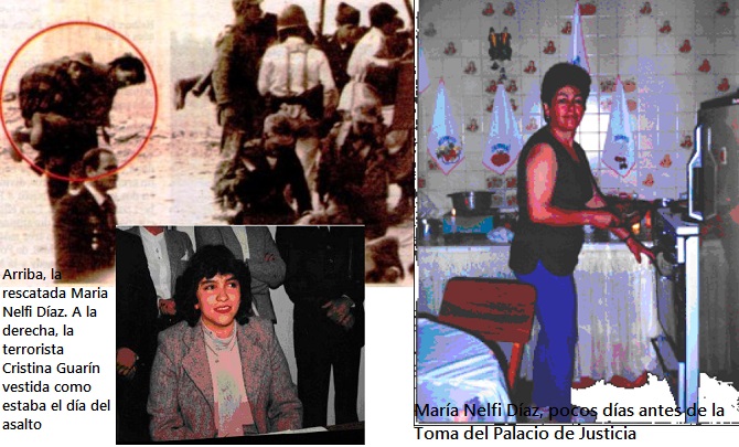 La rescatada, María Nelfi Diaz, y una fotografía de Cristina Guarín tal y como iba vestida el día del asalto al Palacio de Justicia
