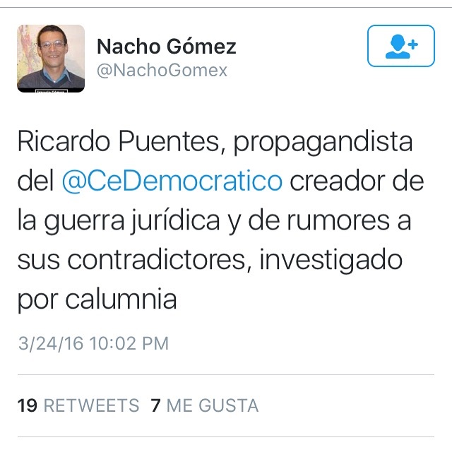 Este fue el primero twitter de Ignacio Gómez contra Ricardo Puentes
