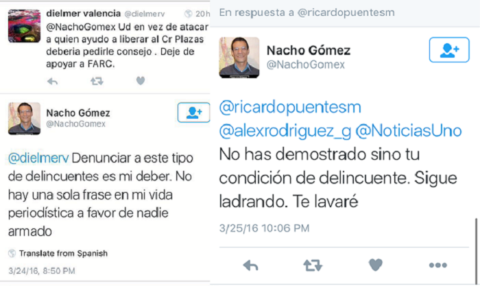 En un segundo twitter, Gómez llama a Puentes "delincuente". En otro, luego de un intercambio de mensajes, Gómez sentencia: "Te lavaré"