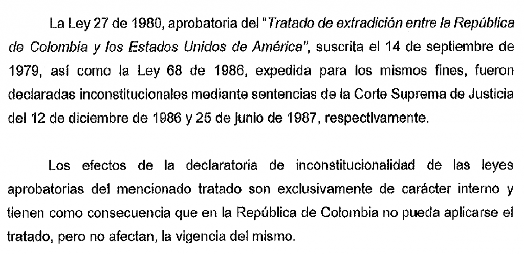 Facsimil de solicitud de la Cancillería colombiana al Departamento de Estado de Estados Unidos